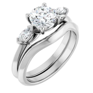 This 3 stone engagement ring set features a classic-meets-modern design, centered around a brilliant 6.5mm round-cut lab diamond. On either side, two accent stones enhance the sparkle, providing a balanced and meaningful composition. Even better, the curved wedding band aligns effortlessly with the engagement ring, creating a graceful and secure fit. As a result, this design not only captures elegance but also ensures comfort for daily wear. Additionally, the refined dimensions—approx. 7.5 x 2.9 mm top profile and 10.03g in total weight—make it feel substantial yet wearable.