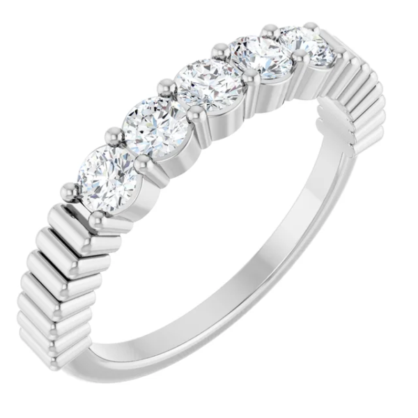 This custom lab diamond anniversary ring features six brilliant round-cut lab diamonds in a shared prong setting, finished with a unique ribbed band. Ideal for small batch custom orders with a one-piece MOQ.