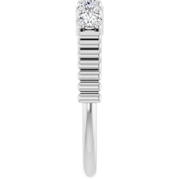 This custom lab diamond anniversary ring features six brilliant round-cut lab diamonds in a shared prong setting, finished with a unique ribbed band. Ideal for small batch custom orders with a one-piece MOQ.