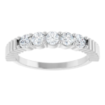 This custom lab diamond anniversary ring features six brilliant round-cut lab diamonds in a shared prong setting, finished with a unique ribbed band. Ideal for small batch custom orders with a one-piece MOQ.