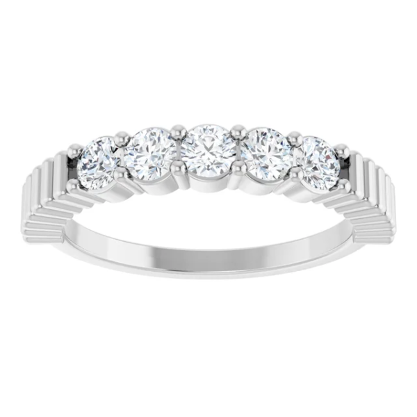 This custom lab diamond anniversary ring features six brilliant round-cut lab diamonds in a shared prong setting, finished with a unique ribbed band. Ideal for small batch custom orders with a one-piece MOQ.
