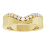 Make your special moment even more meaningful with this 14K Gold V-Shaped Diamond Wedding Band. Designed to complement engagement rings, this curved stacking band features a row of dazzling diamonds set in an elegant beaded setting. Crafted with small batch custom jewelry production, we offer MOQ one-piece orders, ensuring exclusivity and personalization for each piece.