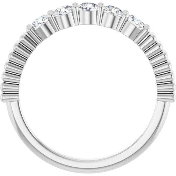 This custom lab diamond anniversary ring features six brilliant round-cut lab diamonds in a shared prong setting, finished with a unique ribbed band. Ideal for small batch custom orders with a one-piece MOQ.