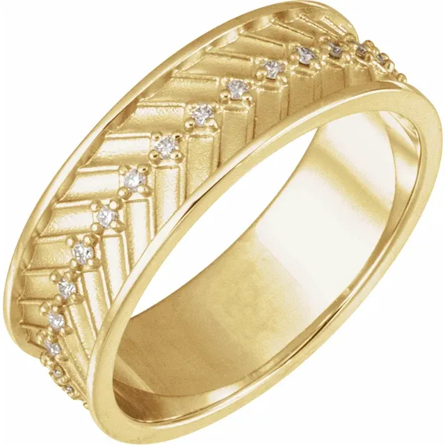 This 1/5 CTW Lab-Grown Diamond Wedding Band showcases a sophisticated geometric textured design, making it a standout choice for custom engagement jewelry or unique small batch collections.