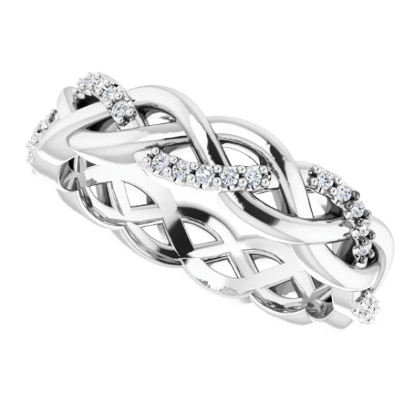 This twisted lab diamond eternity band features a graceful interwoven design, making it a unique and elegant choice for custom fine jewelry lovers. Perfect for stacking or wearing solo.
