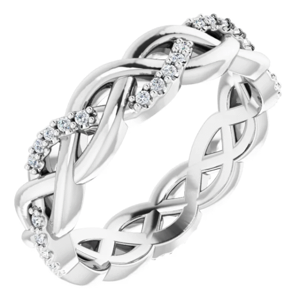 This twisted lab diamond eternity band features a graceful interwoven design, making it a unique and elegant choice for custom fine jewelry lovers. Perfect for stacking or wearing solo.