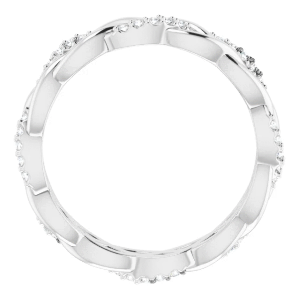 This twisted lab diamond eternity band features a graceful interwoven design, making it a unique and elegant choice for custom fine jewelry lovers. Perfect for stacking or wearing solo.