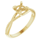 This rope engagement ring mounting features a unique twisted band and a 6.5mm round center setting, perfect for creating a custom solitaire piece with meaning.