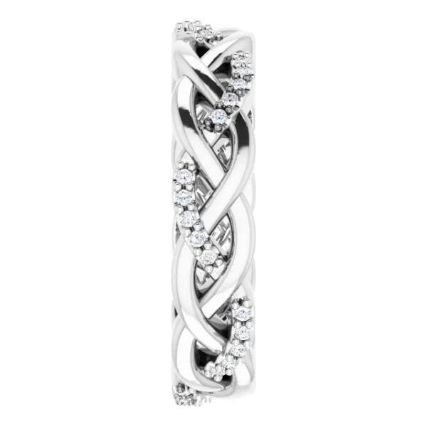 This twisted lab diamond eternity band features a graceful interwoven design, making it a unique and elegant choice for custom fine jewelry lovers. Perfect for stacking or wearing solo.