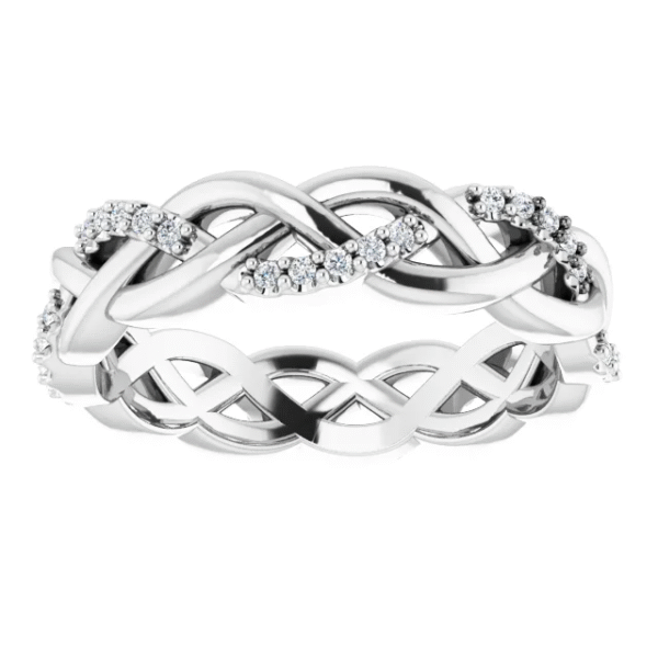 This twisted lab diamond eternity band features a graceful interwoven design, making it a unique and elegant choice for custom fine jewelry lovers. Perfect for stacking or wearing solo.