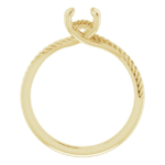 This rope engagement ring mounting features a unique twisted band and a 6.5mm round center setting, perfect for creating a custom solitaire piece with meaning.