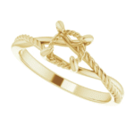 This rope engagement ring mounting features a unique twisted band and a 6.5mm round center setting, perfect for creating a custom solitaire piece with meaning.