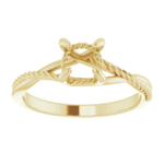 This rope engagement ring mounting features a unique twisted band and a 6.5mm round center setting, perfect for creating a custom solitaire piece with meaning.