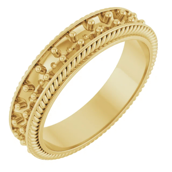 Explore our 6mm patterned flat band in gold or platinum. Ideal for custom wedding rings, this comfort-fit design suits men and women alike.