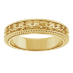 This 6mm patterned flat band features a sleek profile with a distinctive surface texture, offering a stylish yet subtle statement. Unlike overly intricate rings, its design is clean and versatile, perfectly balancing craftsmanship with comfort. The flat band shape ensures a stable, modern feel, making it a top choice for clients who value timeless style with a twist.