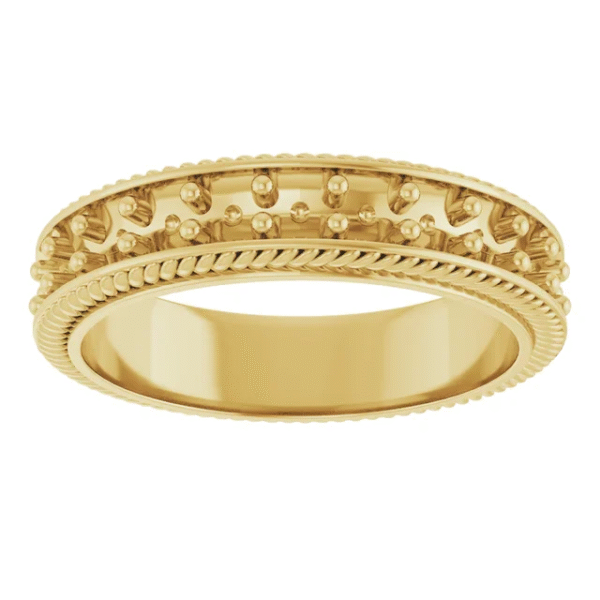 This 6mm patterned flat band features a sleek profile with a distinctive surface texture, offering a stylish yet subtle statement. Unlike overly intricate rings, its design is clean and versatile, perfectly balancing craftsmanship with comfort. The flat band shape ensures a stable, modern feel, making it a top choice for clients who value timeless style with a twist.