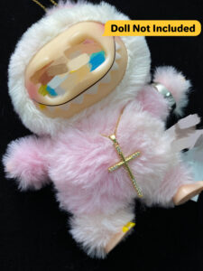 Stylish stainless steel cross necklace for plush art toys and collectible figures. Streetwear-inspired accessory, great for styling mini dolls.