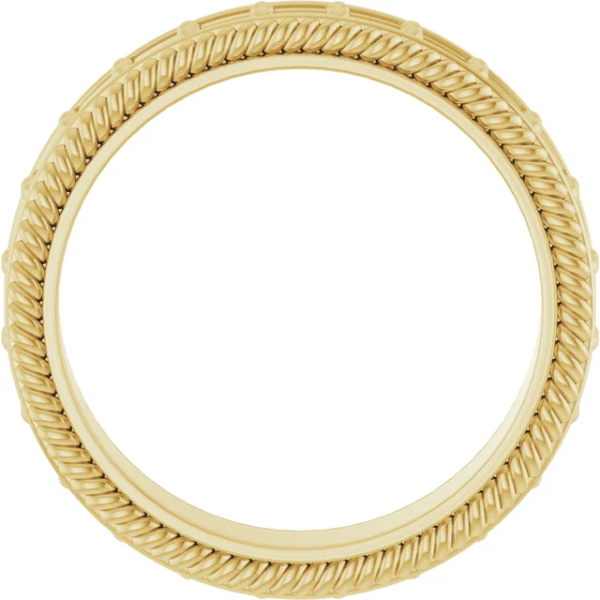 This 6mm patterned flat band features a timeless geometric texture and a smooth comfort fit. Ideal for custom wedding ring projects or minimalist statement wear.