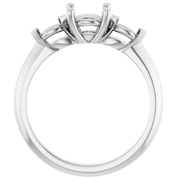 Elegant three stone ring mounting for a 6.5mm center stone. Available in gold or platinum. Ideal for symbolic, custom engagement jewelry.