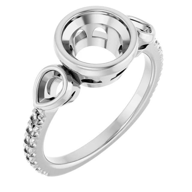This 7.4 mm round three stone engagement ring mounting features tapered round side stones, creating a classic and elegant silhouette for custom engagement rings.