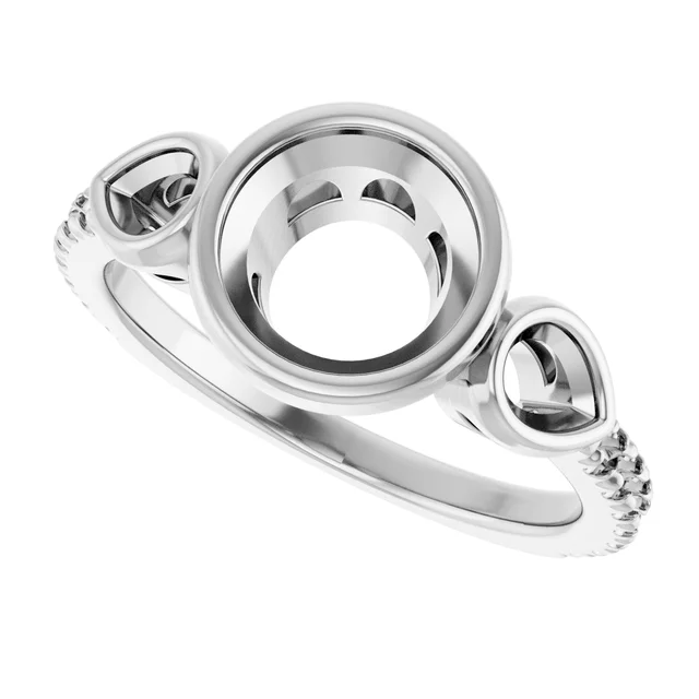 This 7.4 mm round three stone engagement ring mounting features tapered round side stones, creating a classic and elegant silhouette for custom engagement rings.