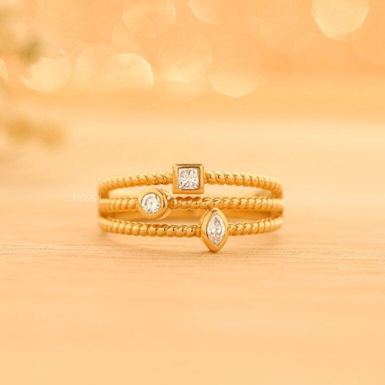 Elegant three band moissanite ring featuring princess, round, and marquise cuts. A perfect custom jewelry choice for unique engagement or fashion rings.
