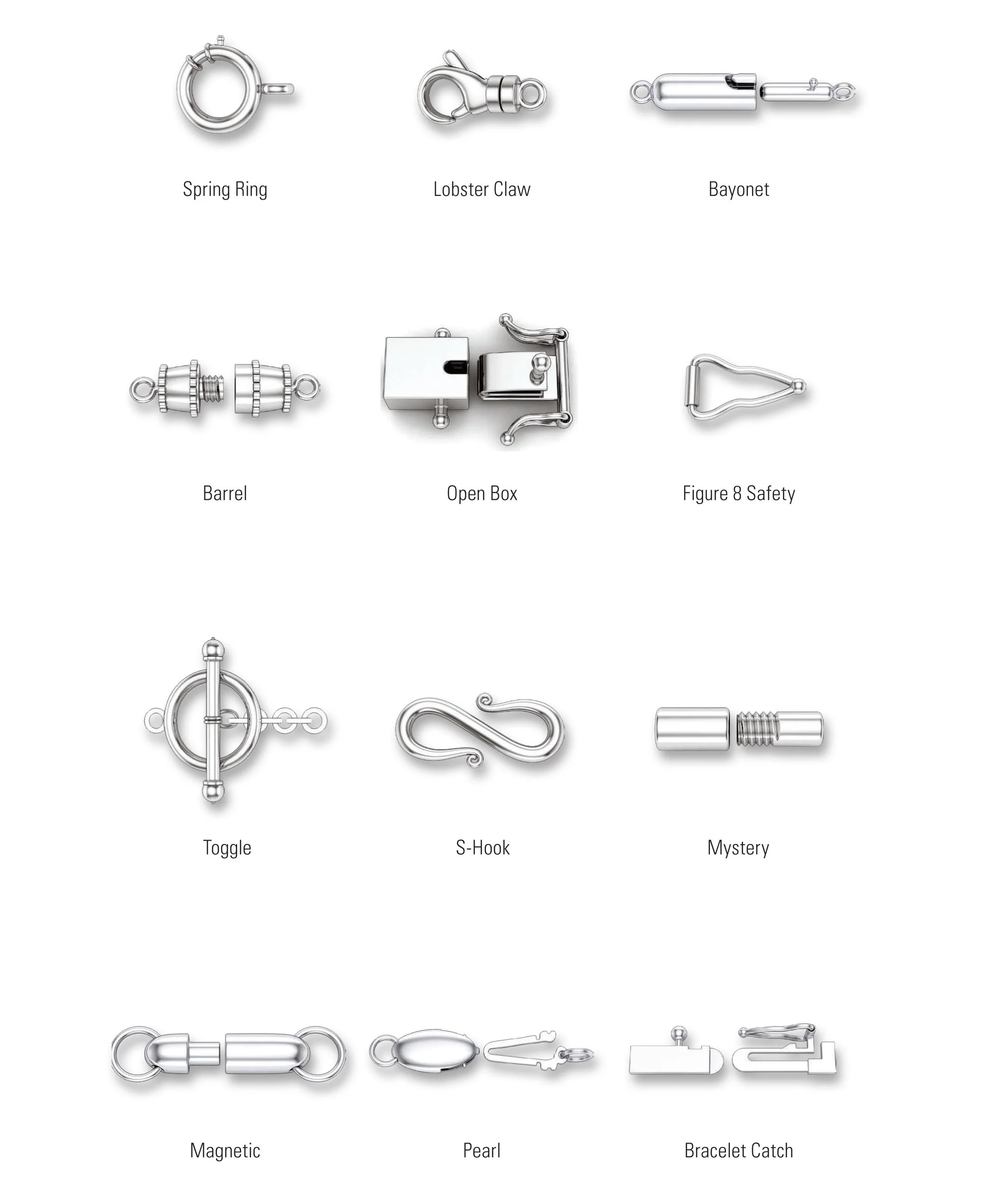 We’re often asked about the different clasp styles used on our chains, bracelets, and necklaces. Below are some of the most popular clasp types.