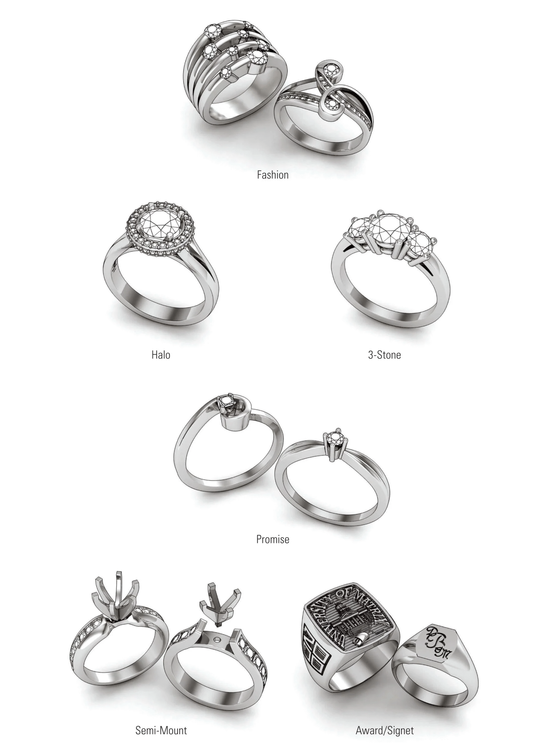 Choosing the right ring can sometimes feel overwhelming. To make it easier, we’ve categorized our collection into several popular types, including fashion rings, halo rings, 3-stone rings, promise rings, semi-mount rings, signet rings, engagement rings, solitaires, bridal sets, wedding bands, anniversary bands, and eternity rings.