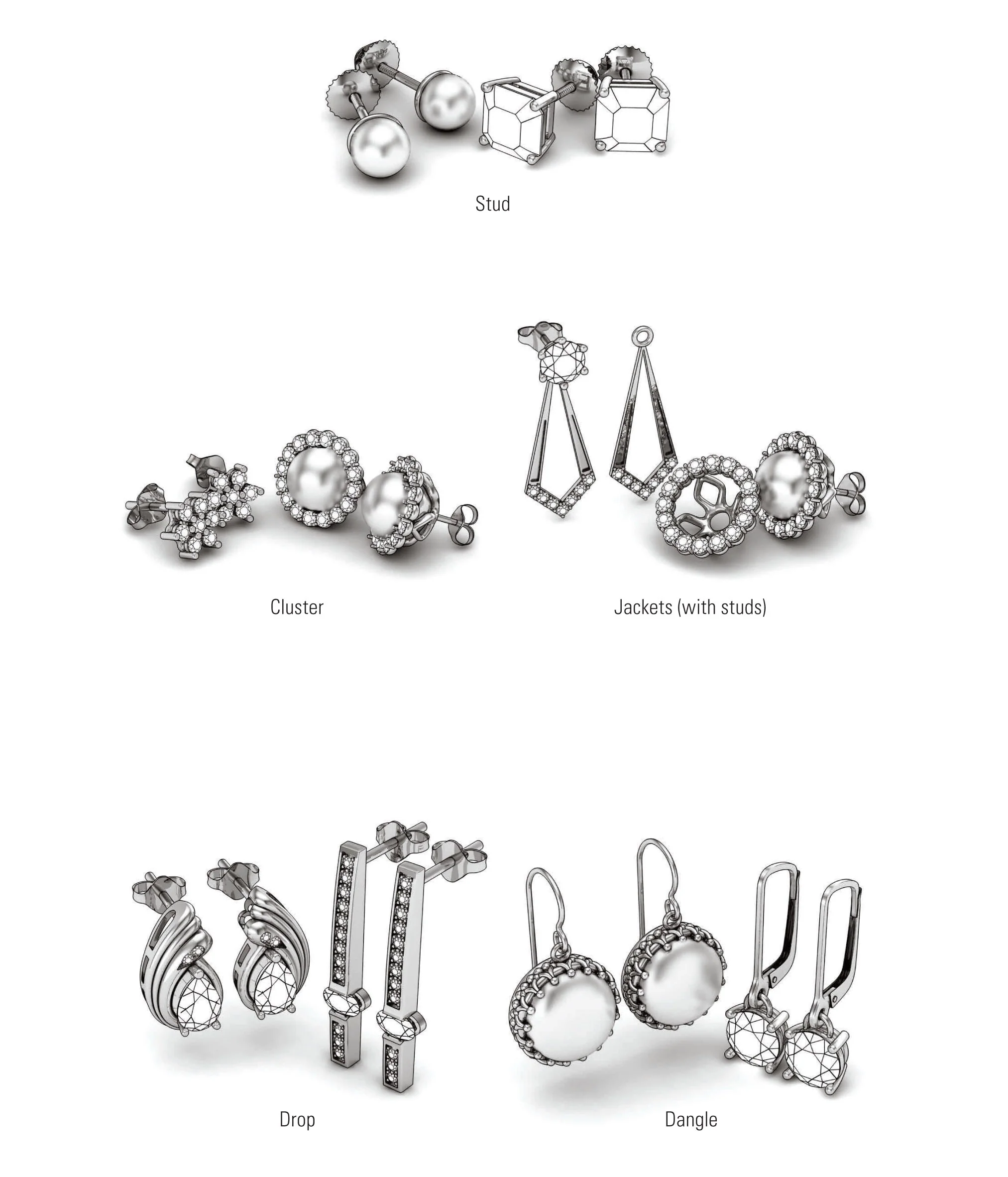 Earrings are always a girl’s favorite accessory! To help you find your perfect pair, here are the main earring styles available at Alpha Jewelry: Studs and clusters, earring jackets (with studs), drop and dangle earrings, chandeliers, hoops, hinged or huggie styles, and ear climbers (ear trims).
