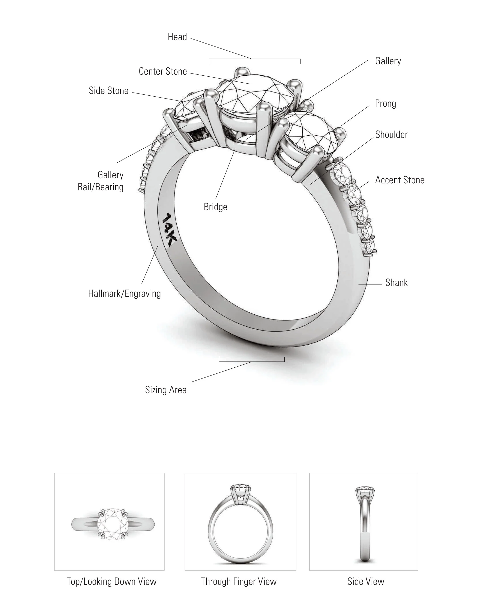 We’re often asked about the different components that make up a ring. Below is an image showing the main parts of an engagement ring. Explore all ring designs at Alpha Jewelry
