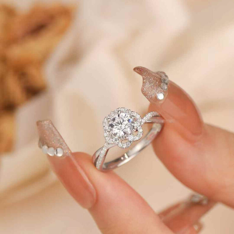 1CT Lab Diamond Sunflower Engagement Ring with Halo Flower Setting and Split Shank | Custom Engagement Fine Jewelry