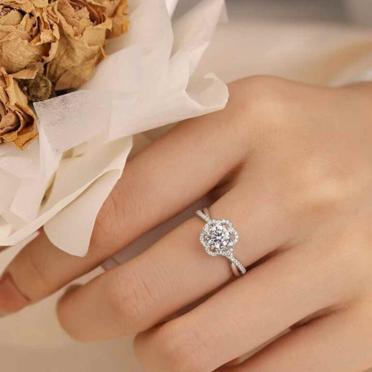 1CT Lab Diamond Sunflower Engagement Ring with Halo Flower Setting and Split Shank | Custom Engagement Fine Jewelry