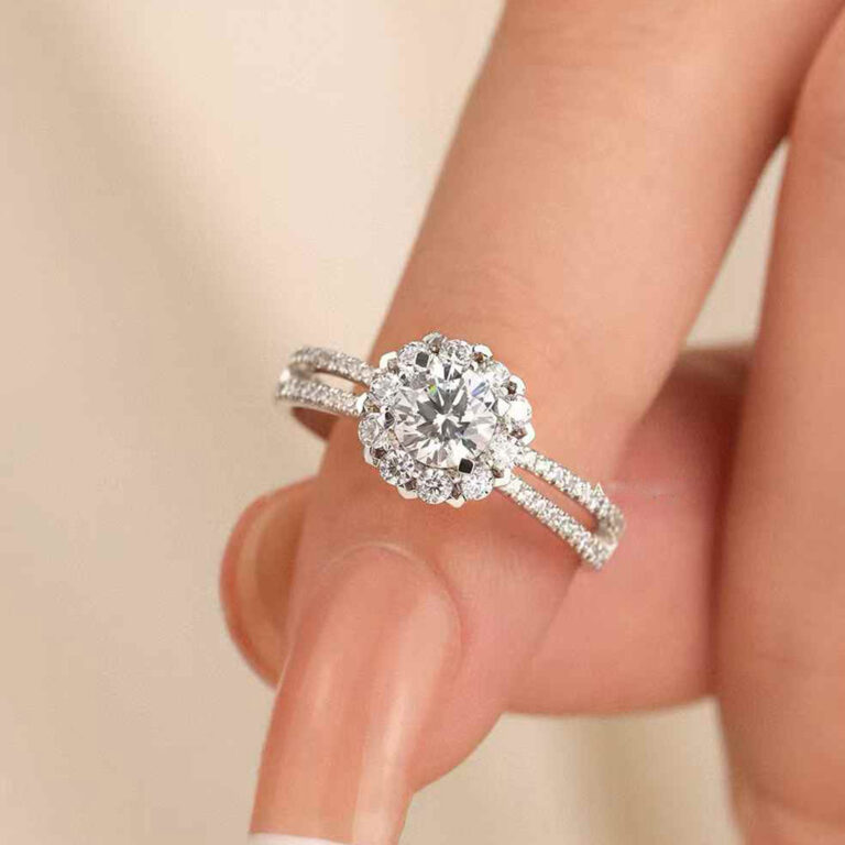This 2CT flower halo lab diamond engagement ring features a brilliant round center stone, a floral halo, and a pavé split shank for maximum sparkle. Fully customizable with 1pc MOQ.
