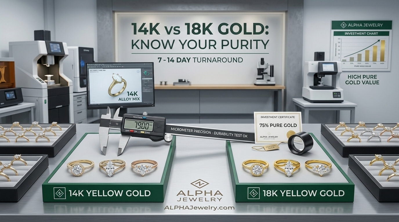 Confused about 14K vs 18K gold? Learn the differences in purity, durability, and value for your custom jewelry at Alpha Jewelry. 14-day turnaround!