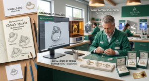 Start your jewelry brand with Alpha Jewelry. We offer jewelry manufacturing for designers with low MOQ, 3D CAD design, and a fast 7-14 day turnaround.