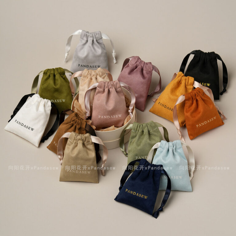 This custom faux sheepskin pouch features a soft suede texture and a vibrant finish. It provides an elegant storage solution for jewelry branding.