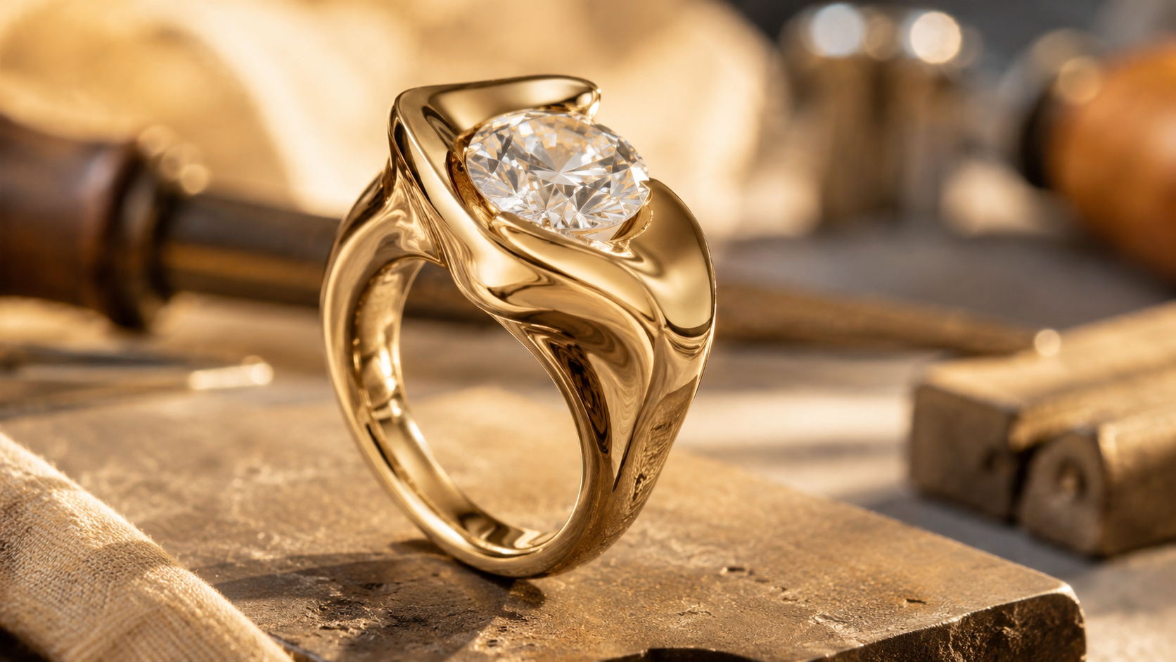 Discover why the sculptural gold engagement ring is becoming a top 2026 trend, combining bold gold design, comfort, and custom craftsmanship.