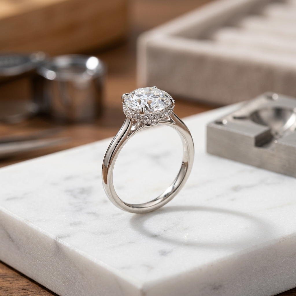 custom lab grown diamond hidden halo ring casting service — Alpha Jewelry