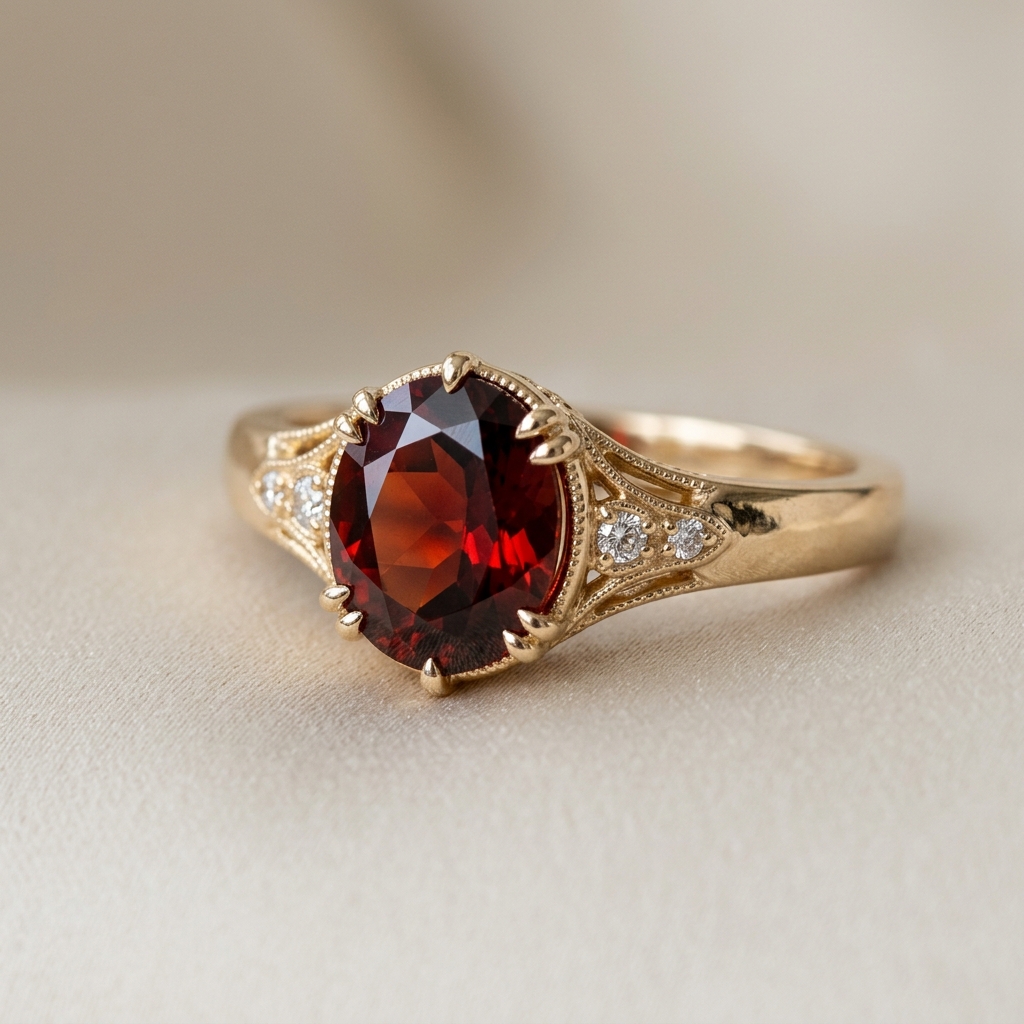 custom 9K yellow gold garnet engagement ring — custom jewelry manufacturing photo 1