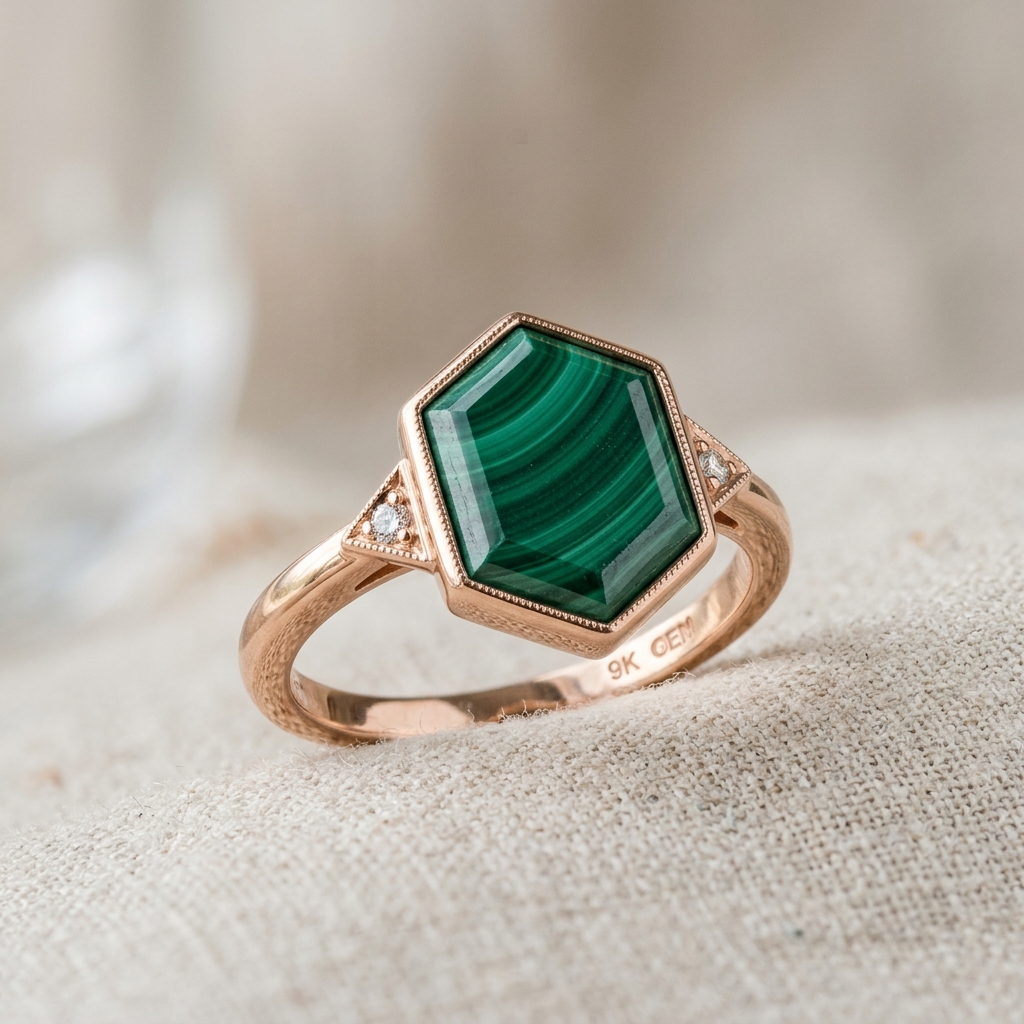 OEM 9K rose gold malachite engagement ring manufacturer — custom jewelry manufacturing photo 1