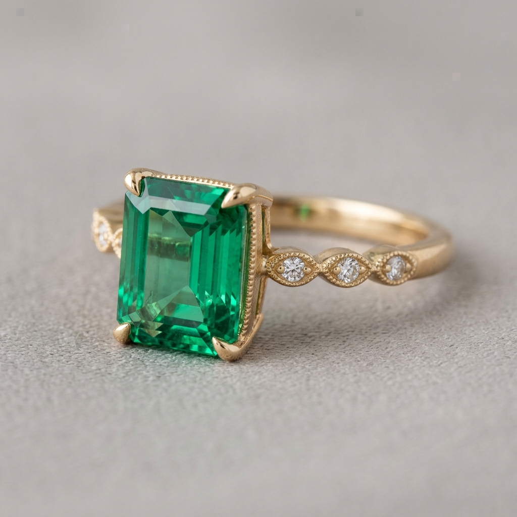 custom 10K yellow gold lab emerald engagement ring — custom jewelry manufacturing photo 1