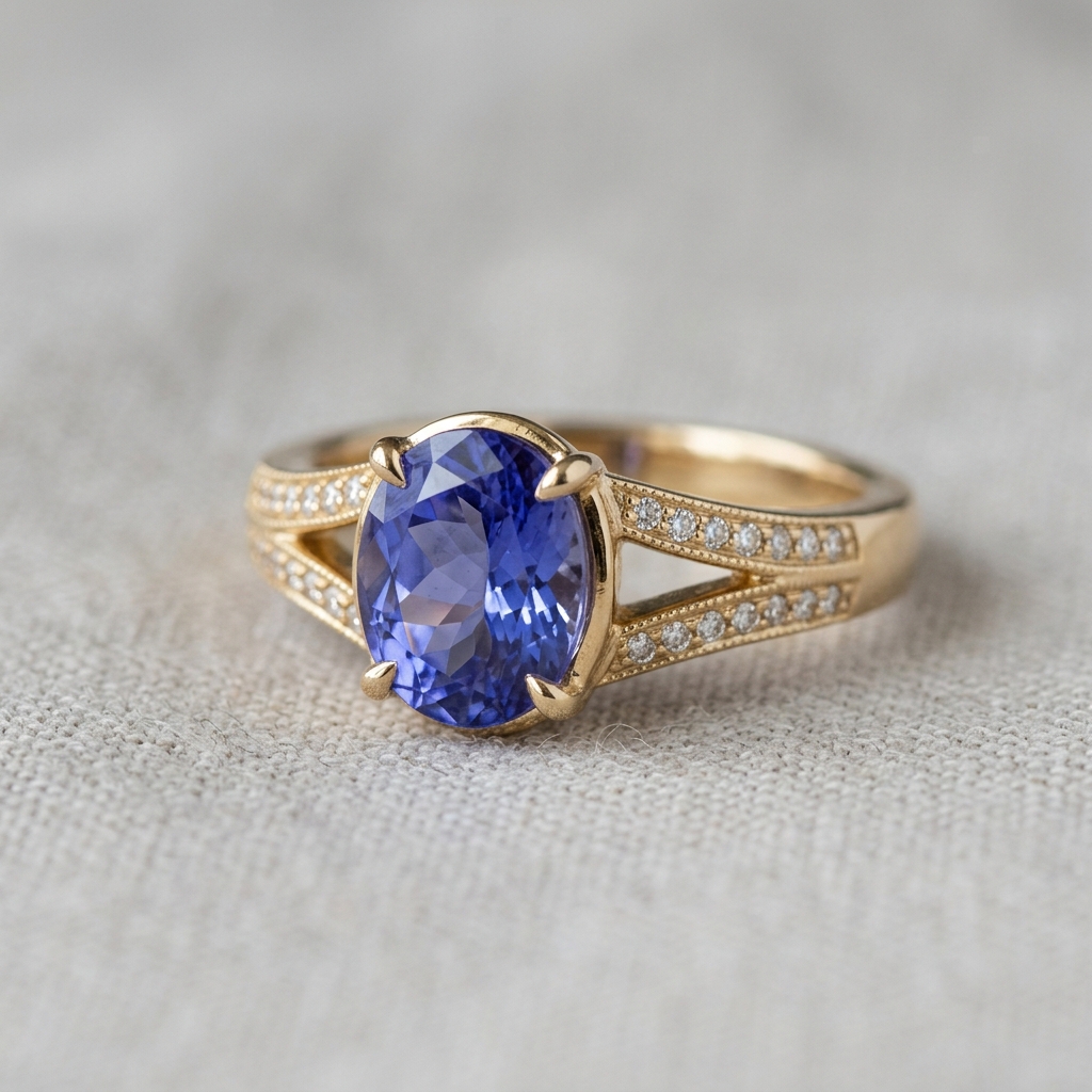 custom 10K yellow gold tanzanite engagement ring — custom jewelry manufacturing photo 1