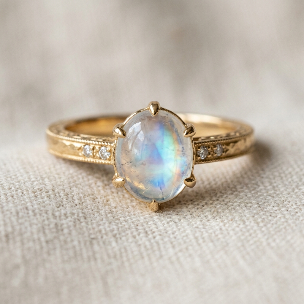 custom 10K yellow gold moonstone engagement ring — custom jewelry manufacturing photo 1