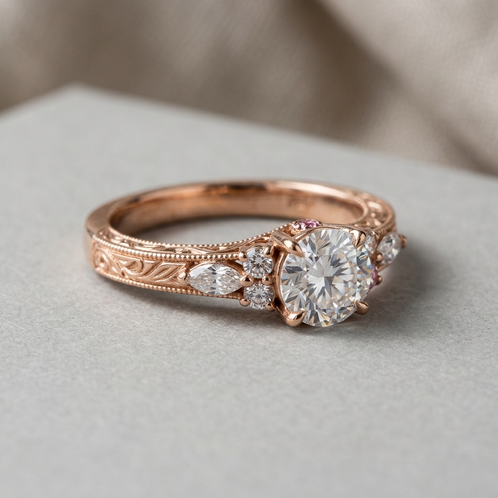 custom CAD design for 9K rose gold lab-created gemstones engagement ring — custom jewelry manufacturing photo 1