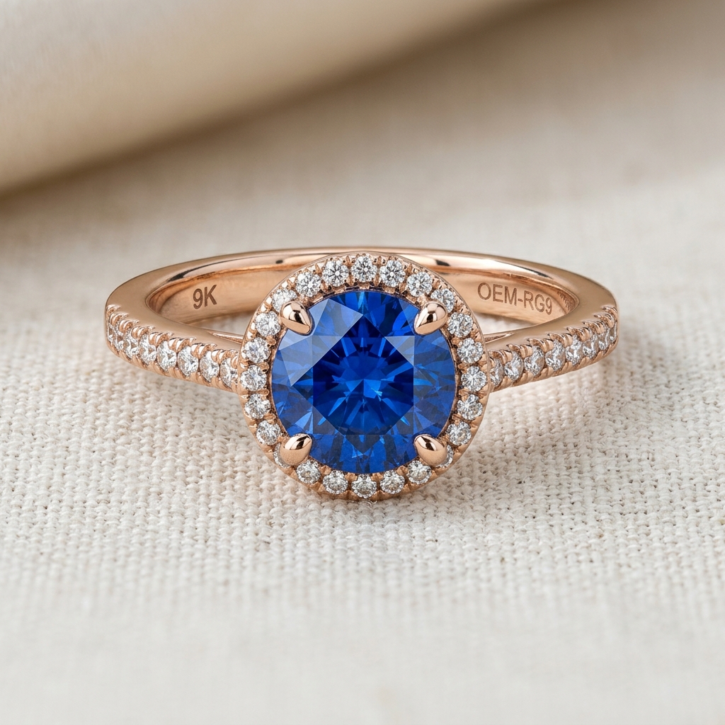 OEM 9K rose gold blue sapphire engagement ring manufacturer — custom jewelry manufacturing photo 1