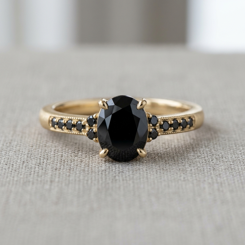 custom 10K yellow gold black spinel engagement ring — custom jewelry manufacturing photo 1