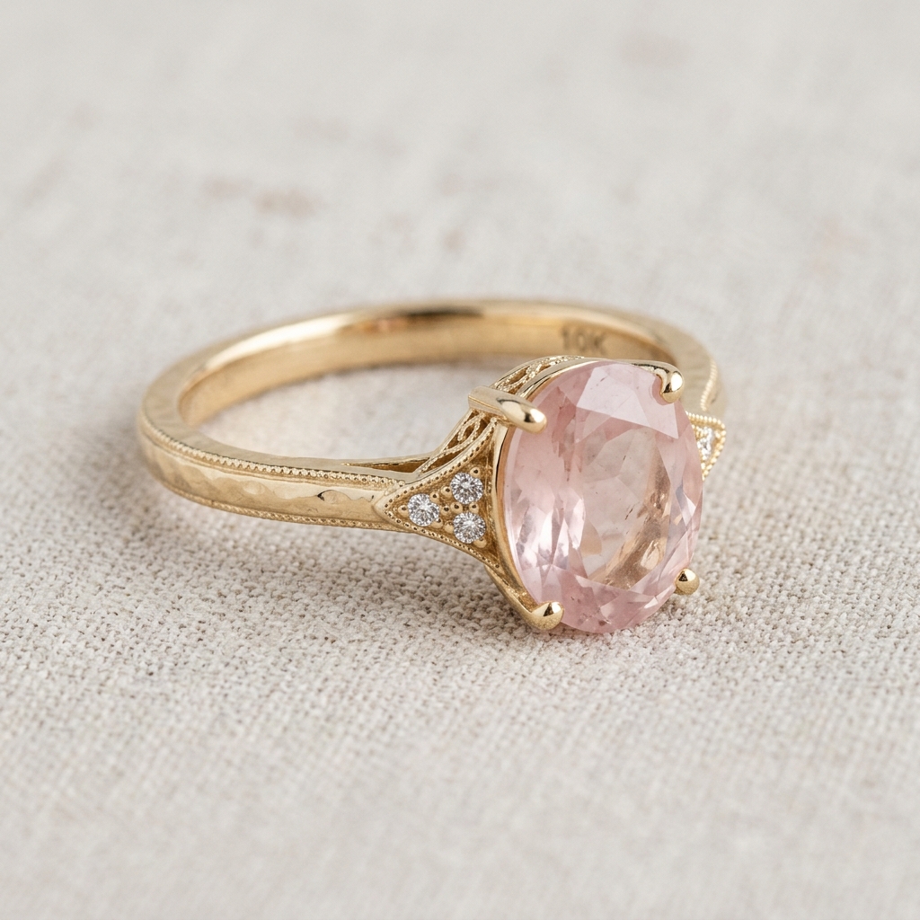 custom 10K yellow gold rose quartz engagement ring — custom jewelry manufacturing photo 1