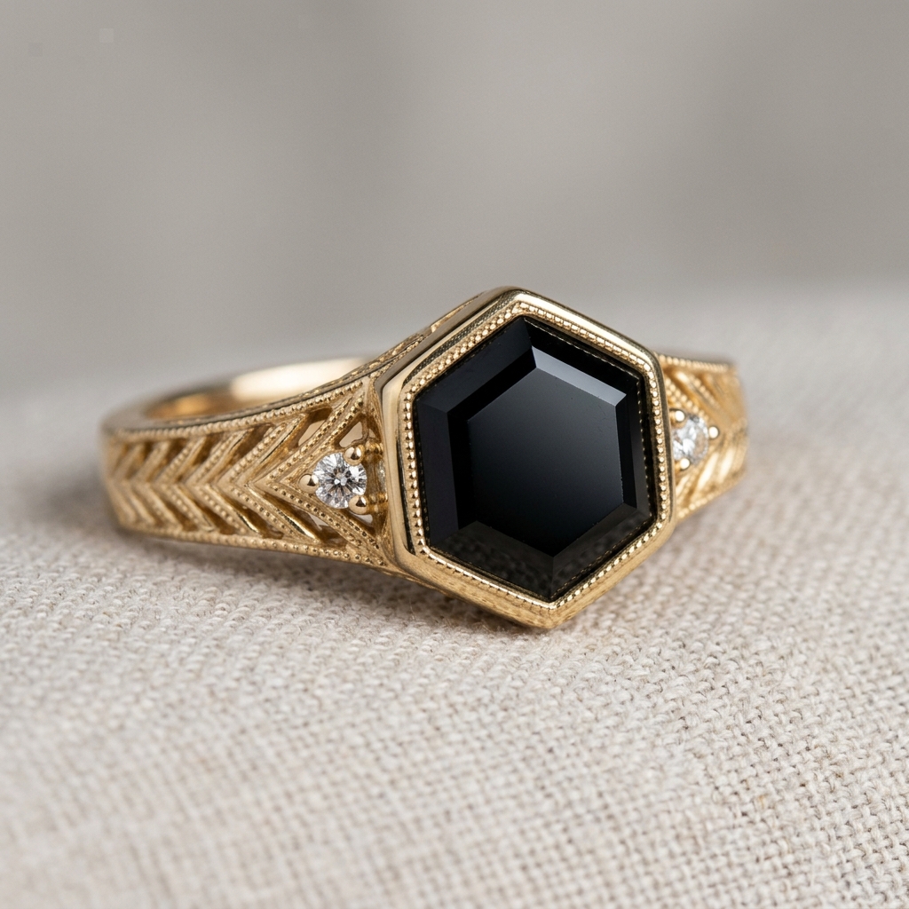 custom 10K yellow gold onyx engagement ring — custom jewelry manufacturing photo 1