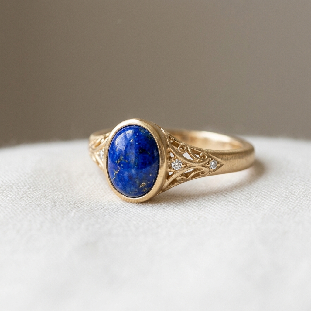 custom 10K yellow gold lapis lazuli engagement ring — custom jewelry manufacturing photo 1