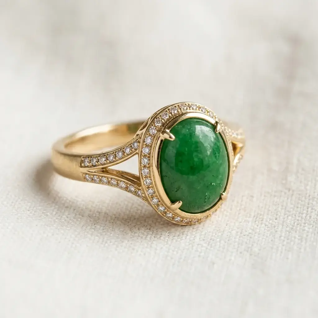 OEM 10K yellow gold jade engagement ring manufacturer — custom jewelry manufacturing photo 1